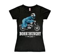 Logoshirt® Sesamstrasse I Krümelmonster I Motorrad I Born to Be Hungry I T-Shirt Print I Damen I kurzärmlig I schwarz I Lizenziertes Originaldesign I Größe M