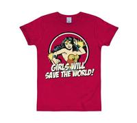 Logoshirt® DC Comics I Wonder Woman I Girls Will Save The World I Slimfit T-Shirt Print I Damen & Herren I kurzärmlig I rot I Lizenziertes Originaldesign I Größe XL