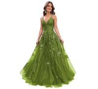 LOKAXXZU Glitzer Tüll -Abschlussballkleider für Frauen 2023 V Hals Spitzen Applikationen Lange Ballkleider Spaghetti -Träger formelle Abendkleid
