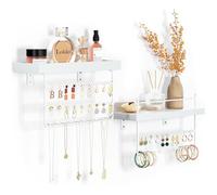 Lolalet 2 Stück hängend Schmuck Organizer Kettenaufhänger Wand Schmuckhalter, Wandmontierte Schmuckaufbewahrung für Ohrring Ohrstecker Armbänder, 156 Löcher Wandregal Aufhänger mit 20 Haken -Weiß