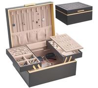 Lolalet Schmuckkästchen für Damen, 2 Ebenen Schmuckaufbewahrung Schmuckbox Jewelry Organizer für Halsketten Ringe Ohrringe Armbänder -Charcoalgrau