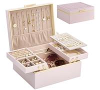 Lolalet Schmuckkästchen für Damen, 2 Ebenen Schmuckaufbewahrung Schmuckbox Jewelry Organizer für Halsketten Ringe Ohrringe Armbänder -Rosa