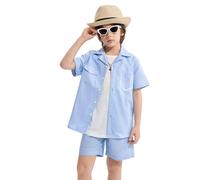 LOLANTA 2-teiliges Jungen Sommer Outfit, Blau Baumwolle Leinen Kurzarmhemd & Shorts, Einfarbig Lässig Kinderkleidung(Blau, 7-8 Jahre, 130)