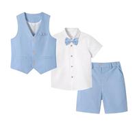 LOLANTA 4 STK Pagen Junge Kurzanzug, Kinder Leinen Sommer Anzug, Festliche Sommerhochzeit Taufe Zeremonie Outfit, Geburtstag Partykleidung, Kind Westen Shorts Set, Himmelblau, 7-8 Jahre