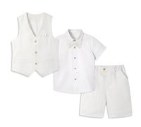 LOLANTA 4 STK Pagen Junge Kurzanzug, Kinder Leinen Sommer Anzug, Festliche Sommerhochzeit Taufe Zeremonie Outfit, Geburtstag Partykleidung, Kind Westen Shorts Set, Weiß, 8-9 Jahre