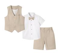 LOLANTA 4 STK Pagen Junge Kurzanzug, Kinder Leinen Sommer Anzug, Festliche Sommerhochzeit Taufe Zeremonie Outfit, Geburtstag Partykleidung, Kind Westen Shorts Set, Khaki, 7-8 Jahre
