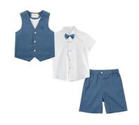 LOLANTA 4 STK Pagen Junge Kurzanzug, Kinder Leinenanzug Sommer Anzug, Festliche Sommerhochzeit Taufe Zeremonie Outfit, Geburtstag Partykleidung, Kind Westen Shorts Set, Blau, 11-12 Jahre, 160
