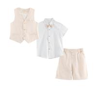 LOLANTA 4 STK Pagen Junge Kurzanzug, Kinder Leinenanzug Sommer Anzug, Festliche Sommerhochzeit Taufe Zeremonie Outfit, Geburtstag Partykleidung, Kind Westen Shorts Set, Beige, 11-12 Jahre, 160