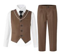 LOLANTA Brauner Hochzeitsanzug für Jungen, Kinder Weste & Hose mit Hemd & Fliege Anzug Set, Festliches Outfit für Taufanzug Geburtstag & Kommunion(2-3 Jahre, Brauner, Tag-Größe 90)