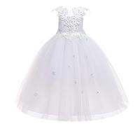 LOLANTA Festliches Kleid Mädchen, Prinzessin Kleider Mädchen Hochzeit Partykleid, Elegant Langes Abendkleid Kommunikation Spitze Tüllkleid für Kinder, 6-7 Jahre, Weiß, Tag 130