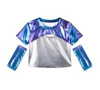LOLANTA Kinder Mädchen Crop Top Metallic T-Shirt Kurzarm Glitzernde Hip Hop Jazz Performance Tops Glänzende Oberteil Bauchfrei Ballett Tanz Tops mit Metallic Arm Ärmel, Blauviolett, 8-9 Jahre, 140