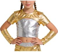 LOLANTA Kinder Mädchen Crop Top Metallic T-Shirt Kurzarm Glitzernde Hip Hop Jazz Performance Tops Glänzende Oberteil Bauchfrei Ballett Tanz Tops mit Metallic Arm Ärmel, Gold, 8-9 Jahre, 140