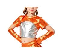 LOLANTA Kinder Mädchen Crop Top Metallic T-Shirt Kurzarm Glitzernde Hip Hop Jazz Performance Tops Glänzende Oberteil Bauchfrei Ballett Tanz Tops mit Metallic Arm Ärmel, Orange, 10-11 Jahre, 150