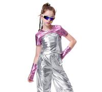LOLANTA Kinder Mädchen Crop Top Metallic T-Shirt Kurzarm Glitzernde Hip Hop Jazz Performance Tops Glänzende Oberteil Bauchfrei Ballett Tanz Tops mit Metallic Arm Ärmel, Rosa,6-7 Jahre, 130
