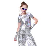 LOLANTA Kinder Mädchen Crop Top Metallic T-Shirt Kurzarm Glitzernde Hip Hop Jazz Performance Tops Glänzende Oberteil Bauchfrei Ballett Tanz Tops mit Metallic Arm Ärmel, Lasersilber,6-7 Jahre, 130