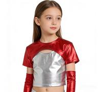 LOLANTA Kinder Mädchen Crop Top Metallic T-Shirt Kurzarm Glitzernde Hip Hop Jazz Performance Tops Glänzende Oberteil Bauchfrei Ballett Tanz Tops mit Metallic Arm Ärmel, Rot, 11-12 Jahre, 160
