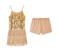 LOLANTA Mädchen Pailletten Fransen Tanzkostüm, Kinder Salsa Rumba Latein Tanzkleidung Set, Glitzerndes ärmelloses Quasten Tanz Mini Kleid mit Shorts, Gold, 11-12 Jahre, 160