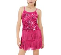 LOLANTA Mädchen Pailletten Fransen Tanzkostüm, Kinder Salsa Rumba Latein Tanzkleidung Set, Glitzerndes ärmelloses Quasten Tanz Mini Kleid mit Shorts, Rosa, 8-9 Jahre, 140