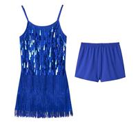 LOLANTA Mädchen Pailletten Fransen Tanzkostüm, Kinder Salsa Rumba Latein Tanzkleidung Set, Glitzerndes ärmelloses Quasten Tanz Mini Kleid mit Shorts, Königsblau, 4-5 Jahre, 110