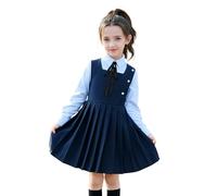 LOLANTA Mädchen-Schulkleid mit Plissee, eckiger Ausschnitt, ärmellos, mit Knopfverzierung, knitterfrei, Marineblau, 9-10 Jahre, 140