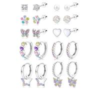 LOLIAS 10 Paar Kinder Ohrringe Mädchen Hypoallergene Medizinische Ohrstecker und Creolen für Mädchen Chirurgenstahl Bunt CZ Perle Herz Schmetterling Blume Stern Kinderohrringe Silber 925 Mädchen