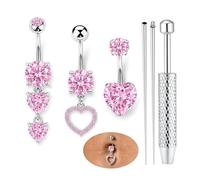 LOLIAS 3 Stück Bauchnabelpiercing Silber Hängend Lang Bauchnabelpiercing Chirurgenstahl Bauchpiercing Piercing Bauchnabel Wasserfest Schmuck Herz Rosa 10mm