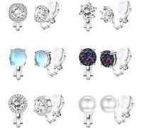 LOLIAS 6 Paar Silber Clip Ohrringe für Damen Mädchen Nicht Durchbohrt Klips Clip Kubischer Zirkon Ohrstecker Mondstein Regenbogen Perle Hypoallergen Hochzeit Set