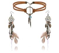 LOLIAS Boho Traumfänger-Ohrringe Drop Leder Choker Halskette Set für Frauen Handmade Retro Vintage Bohemian Feder Anhänger Dangle Ohrringe Stammes-Schmuck Geschenk