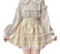 Lolita flauschiger Rock mit Shorts, für Teenager, Mädchen, Mini-Kawaii-Spitze, gestufte Rüschen, hohe Taille, flauschiger Faltenrock, Beige, Einheitsgröße