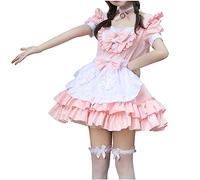 Lolita Kleid Damen Dienstmädchenkleid- Anime French Maid Kleider Damen Layered Rüschen Saum Cosplay Kostüm inkl. Prinzessinnenkleid, Schürze, Haarband, 3pc Kawaii-Schleife und Halsband 5-teilig