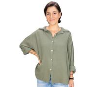 Lolus Kurze Musselinbluse Oversized Musselin Hemdbluse mit Knopfverschluss aus 100% Baumwolle (Sasha - Khaki)