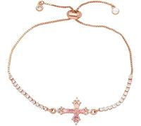 LONAGO 14K Gold Plated Cross Bracelet for Women, with Pink Diamond-Like Cubic Zirconia S925 Silver Bracelet, Crystal, Round Shape, Perfect for Birthday, Valentine’s Day, Bridal Shower, Wedding Gift