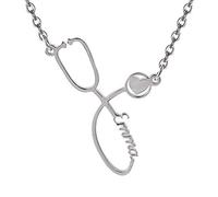 LONAGO 925 Sterling Silber Personalisierte Namen Halskette Stethoskopförmigen Anhänger Halskette Schmuck für Krankenschwester Arzt Geschenk (Sterling Silver-White)