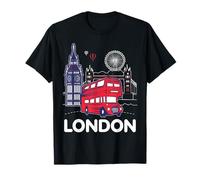 London Vibes berühmte Londoner Sehenswürdigkeiten Souvenir T-Shirt, Damen, Schwarz, S, Kurzarm, T-Shirt, Cartoon, Geschenk