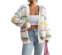 Long Cardigan Damen Damen Strickjacke Bunte Streifen Kurz Oversize Cardigan Offene Front Pullover Casual Elegante Strickmantel für Frühling Herbst S Beige