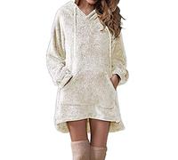 Long Hoodie Damen Teddy-Fleece Pullover Winter Warme Pullover-Kleid,Kanpola Sweatkleid mit Tasche Lose Minikleid Einfarbig Long-Pulli V-Ausschnitt Winter Kleider