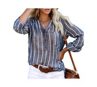 Long Sleeve Striped Blouse V Neck Button Down Loose Fit Women Casual Shirt for Daily Work Shopping
