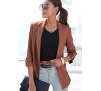 Longblazer LASCANA, Damen, Gr. 38, nougat, Web, Obermaterial: 45% Viskose, 40% Polyester, 12% Polyamid, 3% Elasthan. Futter: 100% Polyester, unifarben, figurumspielend hüftbedeckend, mit Riegel, Blaze