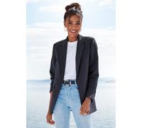 Longblazer LASCANA, Damen, Gr. 44, blau (marine, creme gestreift), Web, Obermaterial: 93% Polyester, 7% Elasthan. Futter: 100% Polyester, Nadelstreifen, figurumspielend hüftbedeckend, Blazer Longblaze