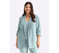 Longblazer SHEEGO "Blazer", Damen, Gr. 42, blau (kalkmint, ecru, gestreift), 63% Polyester, 33% Viskose, 4% Elasthan, Blazer Longblazer (12411854-42) kalkmint, ecru, gestreift