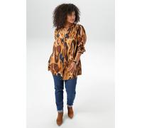 Longbluse ANISTON PLUS, Damen, Gr. 48, braun (beige, blau, braun), Web, Obermaterial: 100% Baumwolle, bedruckt, gemustert, lässig geschnitten, V-Ausschnitt, 1-Knopf-Manschette, Blusen Longbluse, extra