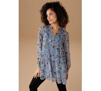 Longbluse ANISTON SELECTED, Damen, Gr. 48, blau (rauchblau, zimt, schwarz, weiß, dunkeltürkis), Chiffon, Obermaterial: 100% Polyester. Futter: 100% Polyester, bedruckt, geblümt, lässig geschnitten ca.