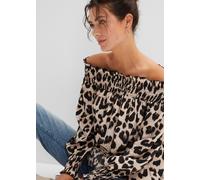 Longbluse BONPRIX, Damen, Gr. 42, beige (kreidebeige, braun leo bedruckt), Obermaterial: 100% Polyester, oversize, Blusen Longbluse, Oversize-Passform, Vokuhila-Schnitt, mit Rüschen, aus Polyester (16