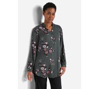 Longbluse BONPRIX, Damen, Gr. 46, grün (eukalyptusgrün geblümt), Web, Obermaterial: 100% Viskose, bedruckt, geblümt, loose fit Po-bedeckend, V-Ausschnitt, 1-Knopf-Manschette, Blusen Longbluse, in lock