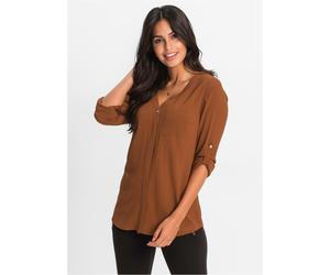 Longbluse BONPRIX "Longbluse", Damen, Gr. 40, braun (cognac), Obermaterial: 97% Polyester, 3% Elasthan, unifarben, V-Ausschnitt, mit Riegel, Blusen Longbluse, bequeme Passform, verdeckte Knopfleiste,