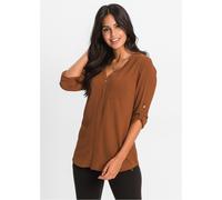 Longbluse BONPRIX "Longbluse", Damen, Gr. 48, braun (cognac), Obermaterial: 97% Polyester, 3% Elasthan, unifarben, V-Ausschnitt, mit Riegel, Blusen Longbluse, bequeme Passform, verdeckte Knopfleiste,