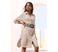 Longbluse BUFFALO, Damen, Gr. 34, beige (beige meliert), Web, Obermaterial: 100% Polyester, meliert, figurumspielend kniefrei, Rundhals, 1-Knopf-Manschette, Blusen Longbluse, luftiges Strandkleid, Som
