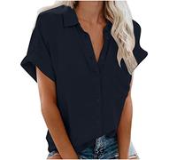 Longbluse Damen Elegant Knöpfe Bluse Einfarbig Blusenshirt Kurzarm Tshirt Revers Shirt Einreihiges Hemd Sommer Tops V-Ausschnitt Tunika Hemdbluse Lose Oberteile Blusen Damenblusen mit Tasche