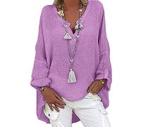 Longbluse Damen Große Größen Leinen - Blusenshirt Damen Elegante Blusen Große Größen Langarm Longshirt Oversize Vintage Hemdbluse V-Ausschnitt Langarmshirt Tunika Blusesweatshirt Festliche Oberteile