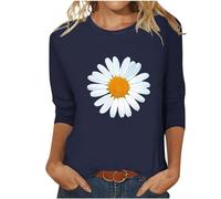 Longbluse Damen Lässig für Leggings 3/4 Arm Shirt Damen Gänseblümchen Druck Bluse Tops Sommer Tshirt Oberteile Basic Shirt Tunika Pullover Rundhals T-Shirt Bequeme Casual Longtops Beachwear Locker